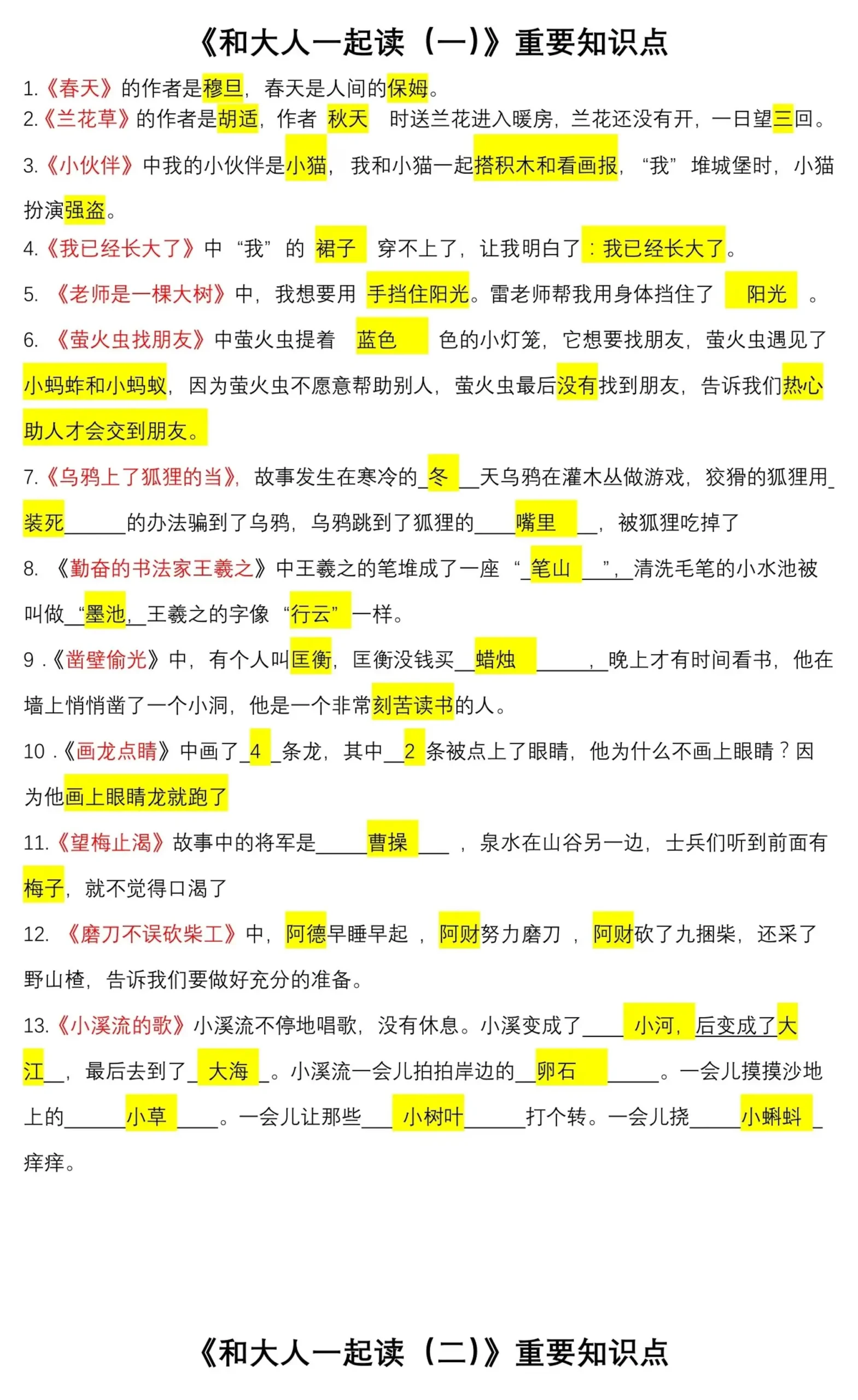 一上语文《快乐读书吧》常考知识点-山云部落 - 游戏资源下载 | 视频课程学习 | 云盘AI工具 - sy.team