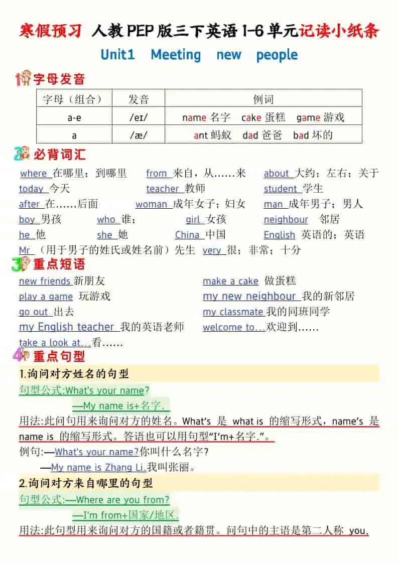 三年级下英语寒假预习1-6单元记读小纸条《人教版PEP》