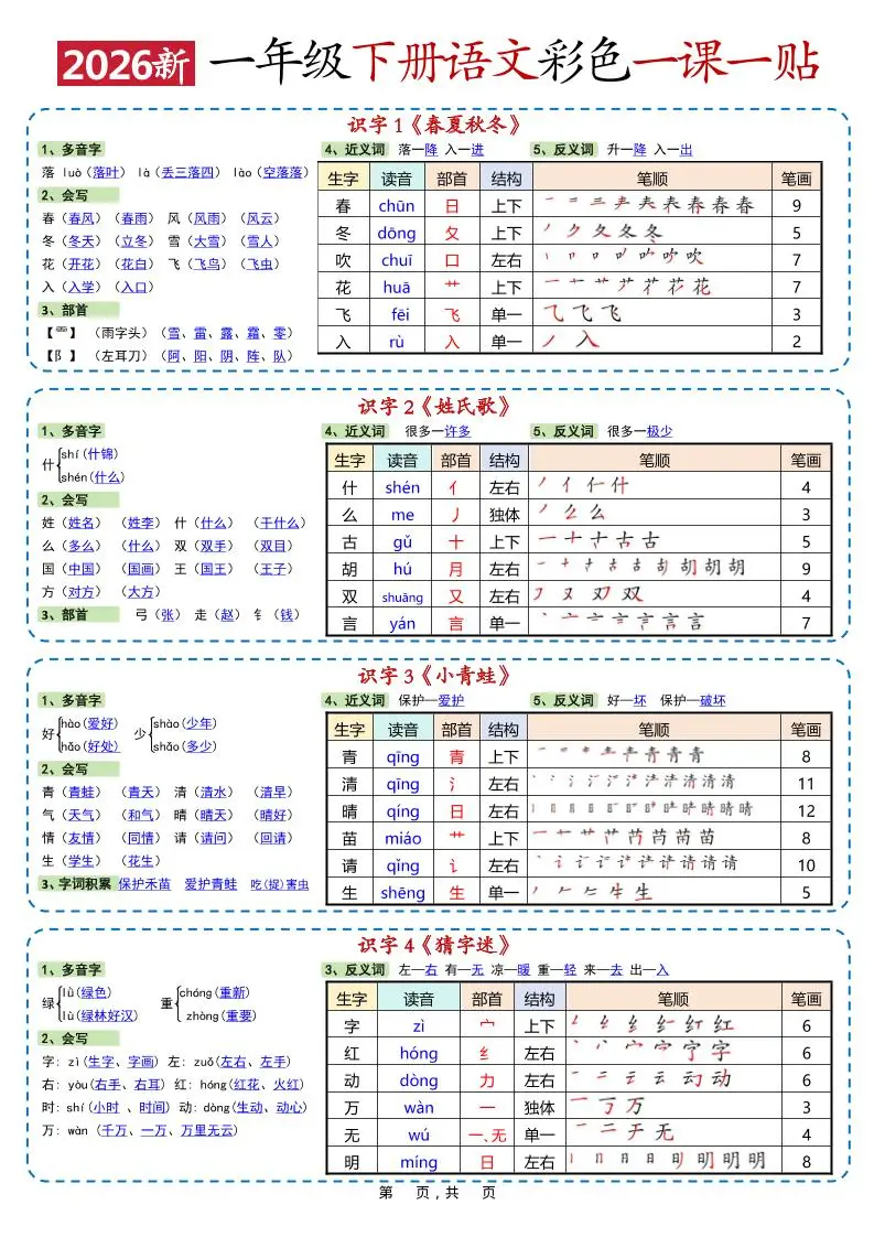 新一年级下语文彩色一课一贴