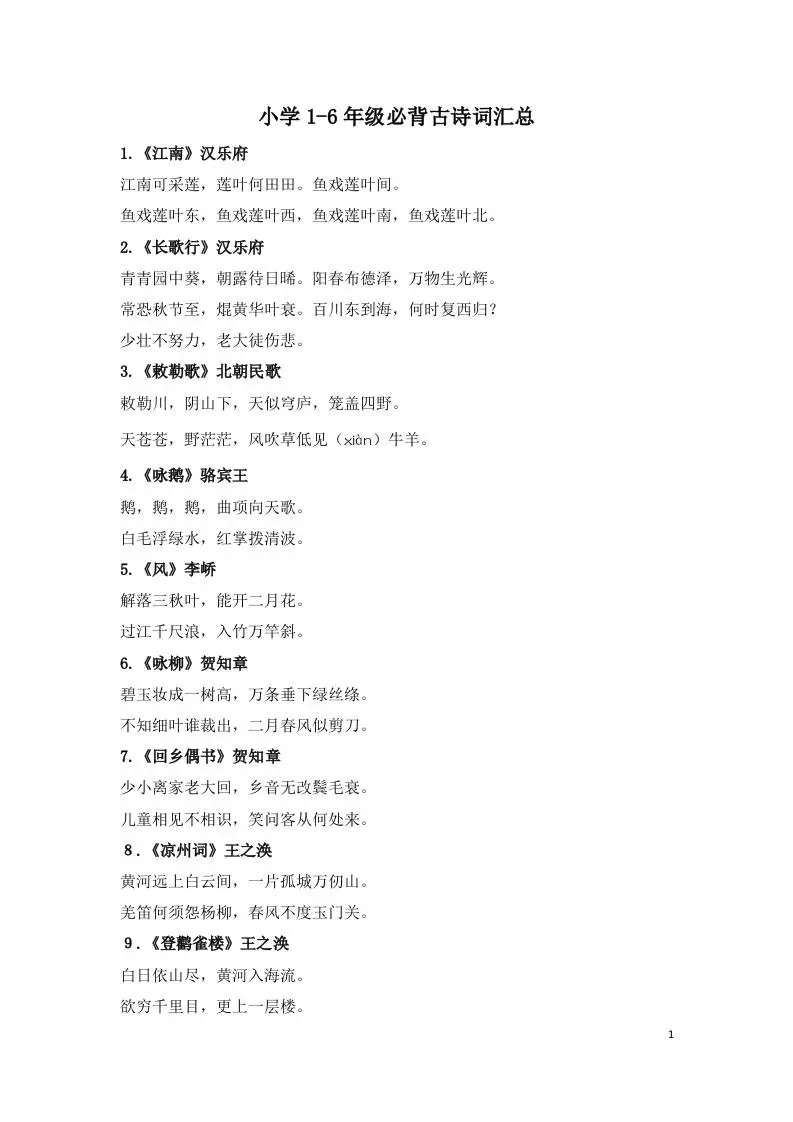 小学1-6年级必背古诗词75首(1)