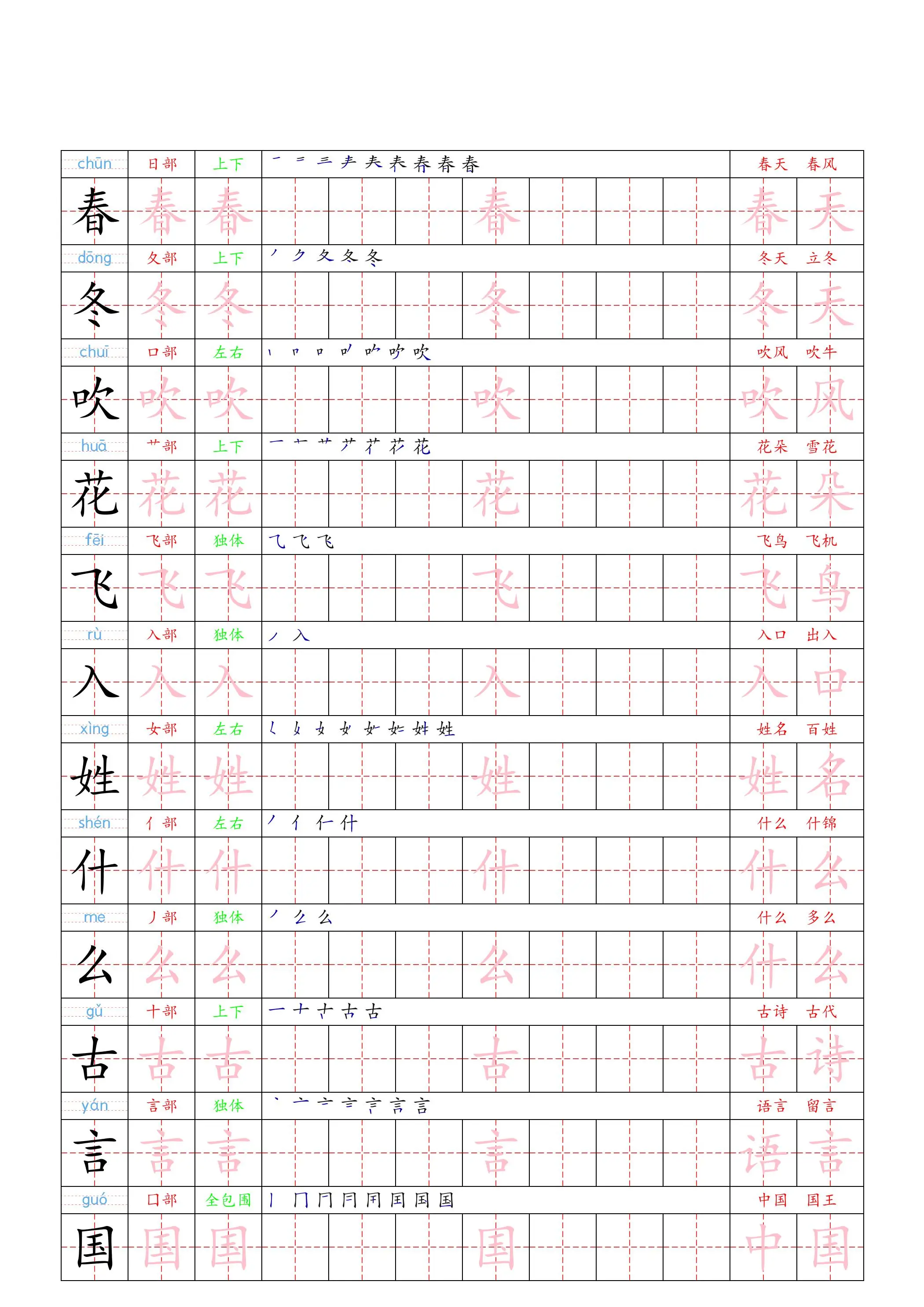 （新版）一下语文写字表一类字贴