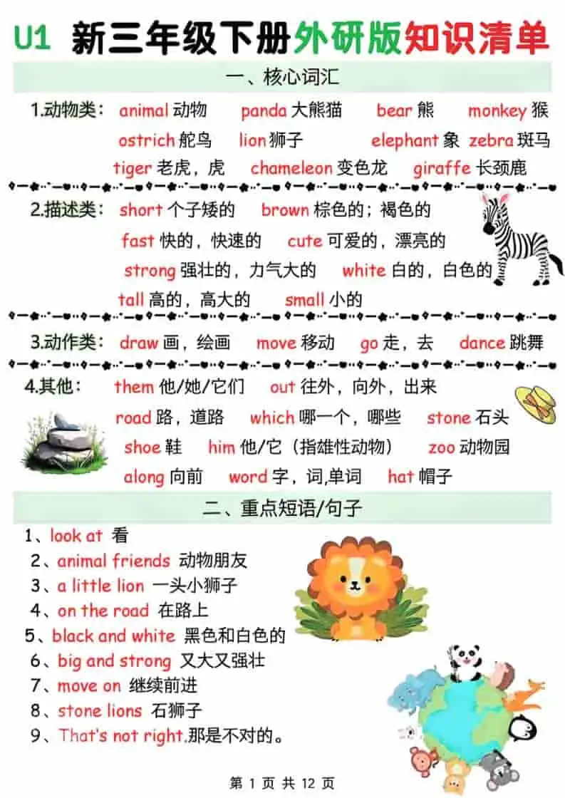 三年级下英语Unit1-6知识清单《外研版（三起）》