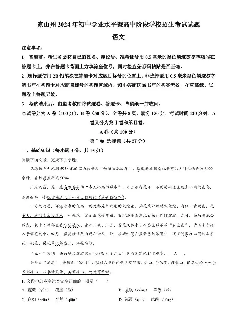 2024年四川省凉山州中考语文真题（含答案）-山云部落 - 游戏资源下载 | 视频课程学习 | 云盘AI工具 - sy.team