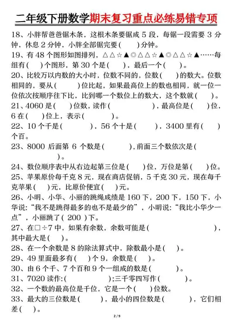 二年级下数学期末复习重点必练1-山云部落 - 游戏资源下载 | 视频课程学习 | 云盘AI工具 - sy.team