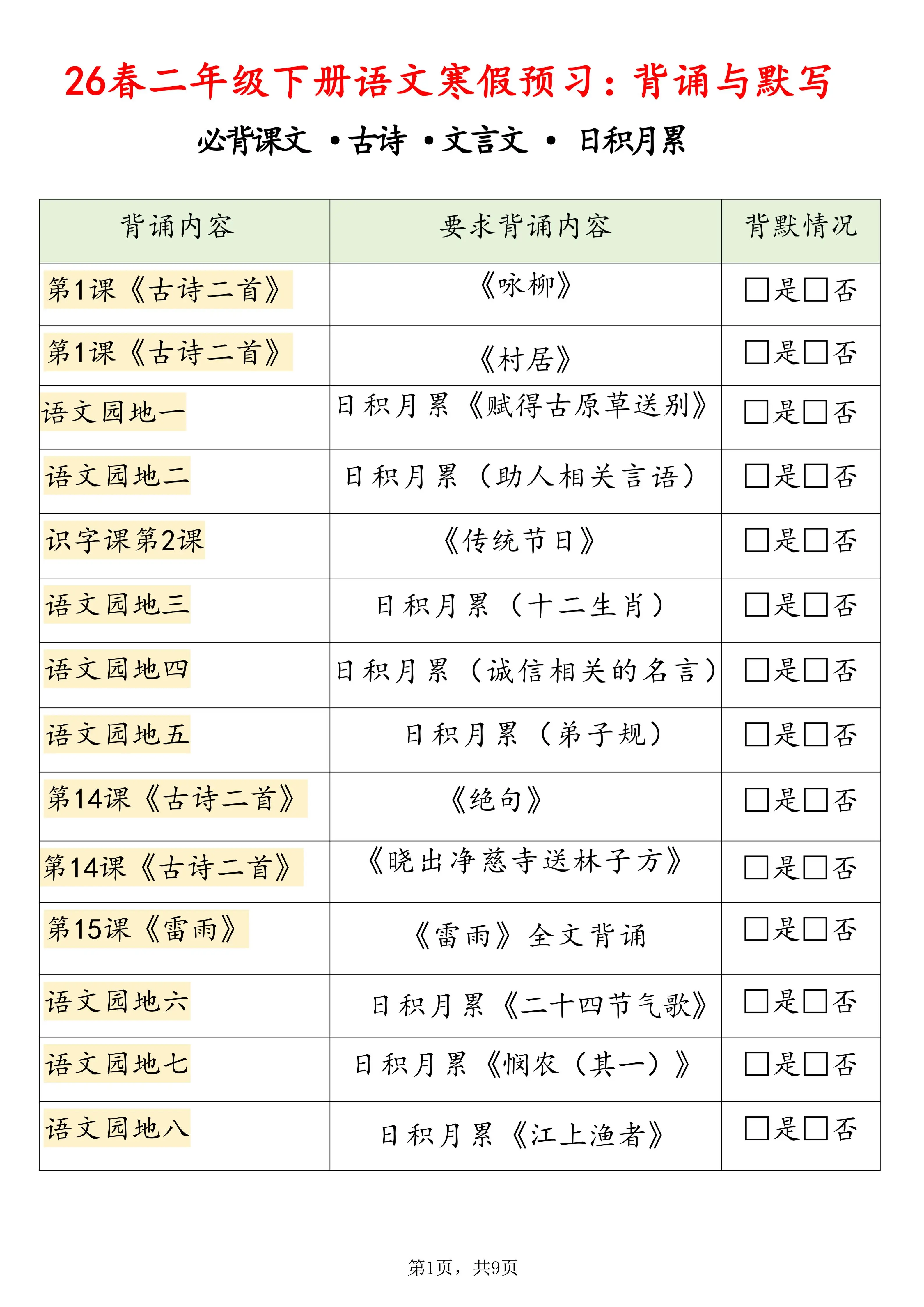 26春二下语文寒假预习背诵与默写（必背课文、古诗、文言文、日积月累）9页修订版