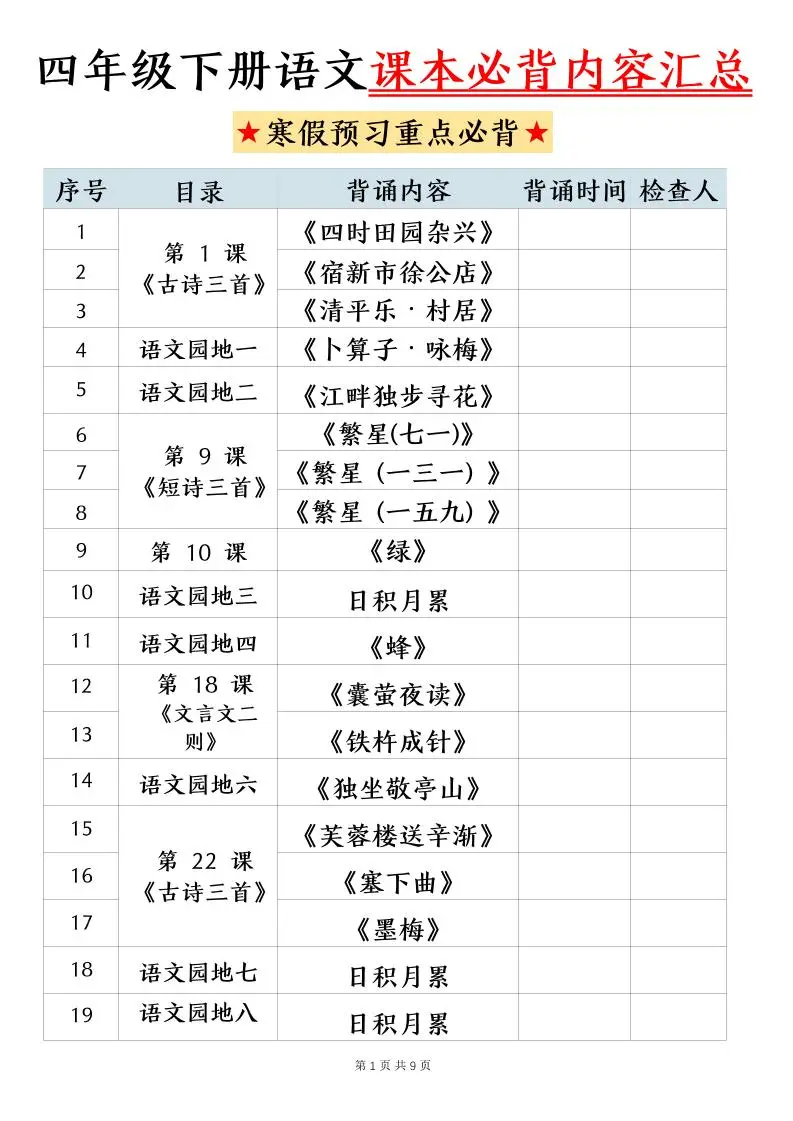 四下语文寒假预习课本必背内容汇总（9页）