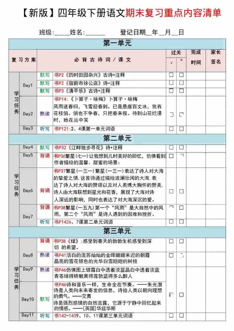 四年级下语文期末复习重点知识清单