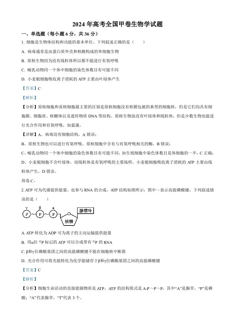 2024年高考生物试卷（全国甲卷）（含答案）-山云部落 - 游戏资源下载 | 视频课程学习 | 云盘AI工具 - sy.team